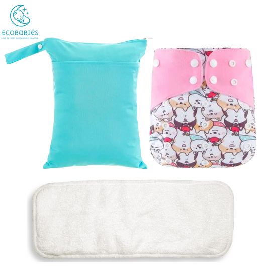 EcoBabies Reusable Cloth Diapers 1 Pc. with 1 Bamboo Insert & 1 Diaper Wet Bag - Waterproof Cover, Washable, Reusable & One Size Adjustable Pocket Diapers for Newborns and Toddlers - For Girls